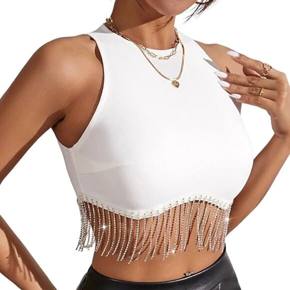 NWT Rhinestone Fringe Zip Back Sleeveless Crop Top - Picture 1 of 4